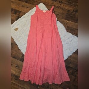 Eileen Fisher 100% Irish Linen [Petite Medium] Coral Scoop Neck Midi Dress Slip